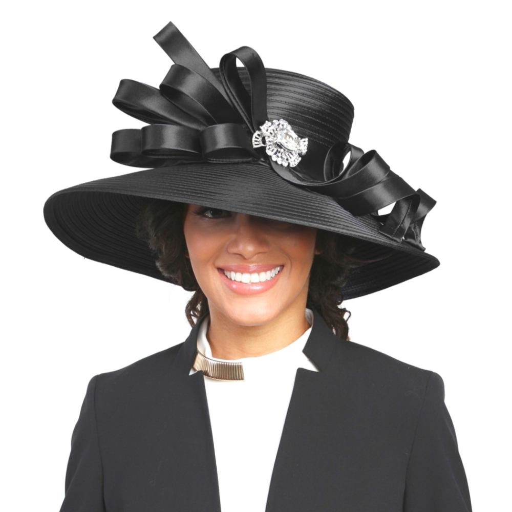 Beloved Millinery Stunning Black Fine Wide Brim Hat Jewel Brooch Church Brunch